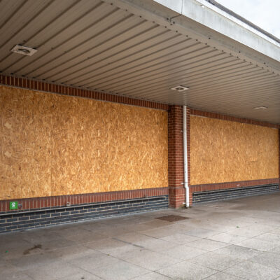 windows boarded up